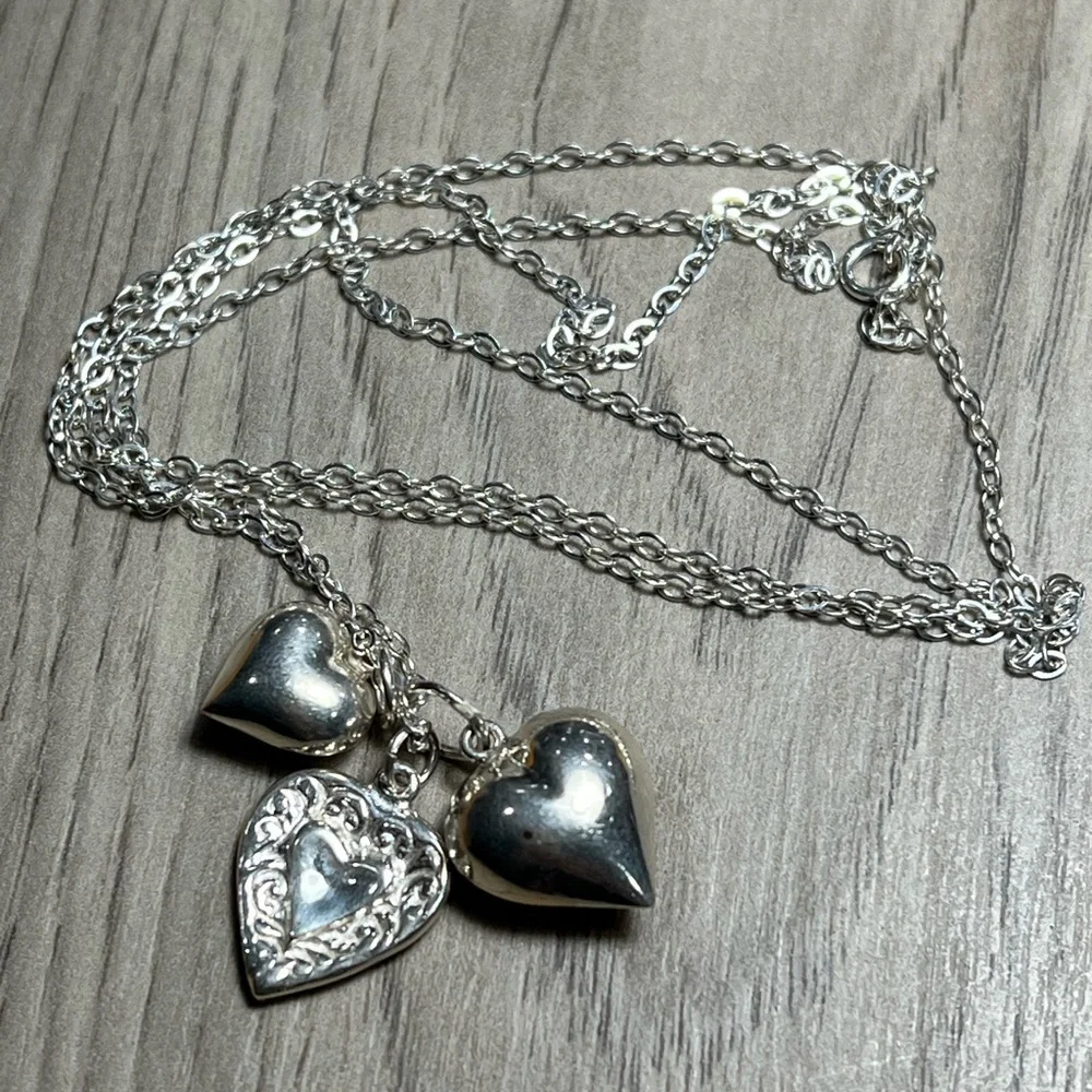 Vintage Sterling Silver Triple Heart Charms Necklace
